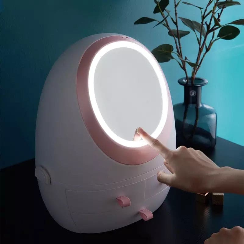 Oval Mirror Cosmetic Storage Organizer, LED Light Makeup Storage Box, Portable Creative Makeup Organizer, Modern Jewelry And Cosmetic Display Case With Led Lighted Mirror Oval Mirror Cosmetic Storage Organizer, LED Light Makeup Storage Box, Portable Creative Makeup Organizer, Modern Jewelry And Cosmetic Display Case With Led Lighted Mirror